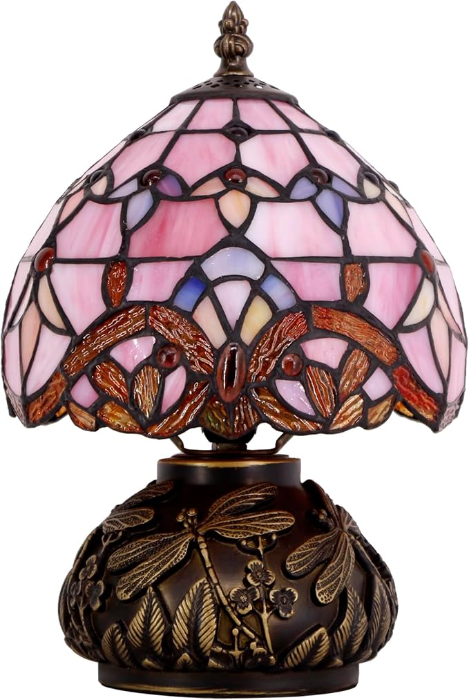 WERFACTORY Small Tiffany Lamp Desk Pink Stained Glass Baroque Mushroom Table Lamp Bronze Mini Accent Lamp W8H11 Inch S003P Series