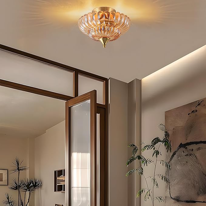 FTL Semi Flush Mount Ceiling Light Fixture, Gold Vintage Scalloped Amber Glass Chandelier, 2-Light Close to Ceiling Light Fixtures for Bedroom Kitchen Foyer Entryway Hallway
