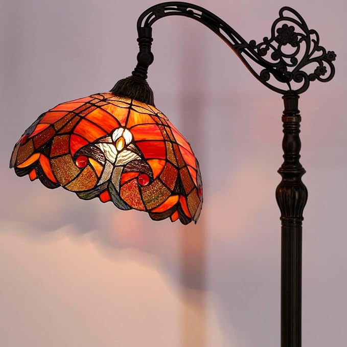Tiffany Lamp Shade Replacement 12X6 Inch Stained Glass Lampshade Only 1-5/8-Inch Fitter Opening for Arched Floor Lamp, Torchiere Lamp, Pendant Light (Red)