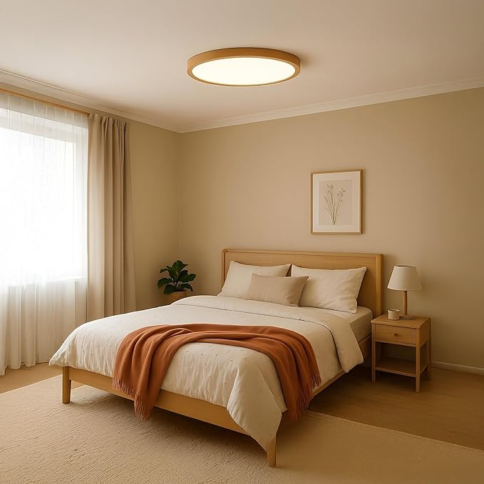 Ultra-Thin LED Ceiling Light Fixture 16.53", Handcrafted Natural Wood Modern Wabi-Sabi Style, Slim 2.5cm Profile, 37W LED 3000K-4000K-6000K, Round Minimalist Lamp for Bedroom Kitchen Hallway