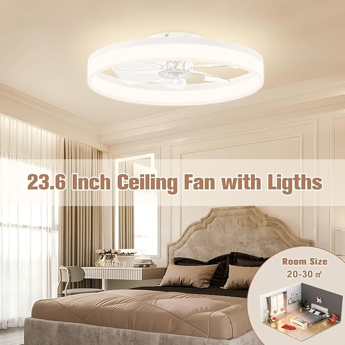 VOLISUN Low Profile Ceiling Fans with Lights and Remote, 23.6in Flush Mount Ceiling Fans with Light, 3000K-6500K Dimmable Fandelier LED Fan Lights, Bladeless Ceiling Fan with Light for Bedroom(White) - Aura Lighting