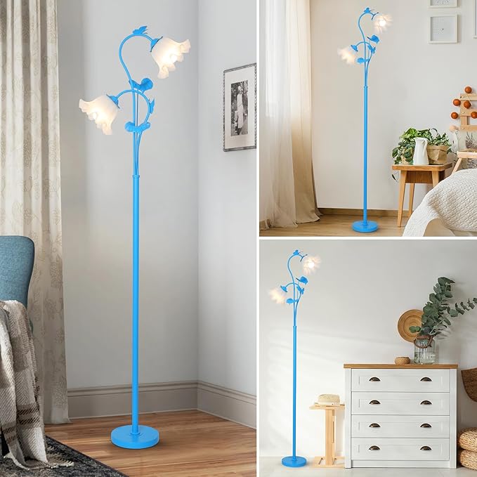 HMVPL Blue Floor Lamp for Living Room, Flower Standing Lamp with 2 LED 5W Blubs, Foot Switch, Floral Tall Lamp with Acrylic Shade, Antique Lotus Flower Floor Lamp for Living Room Office Reading - Aura Lighting