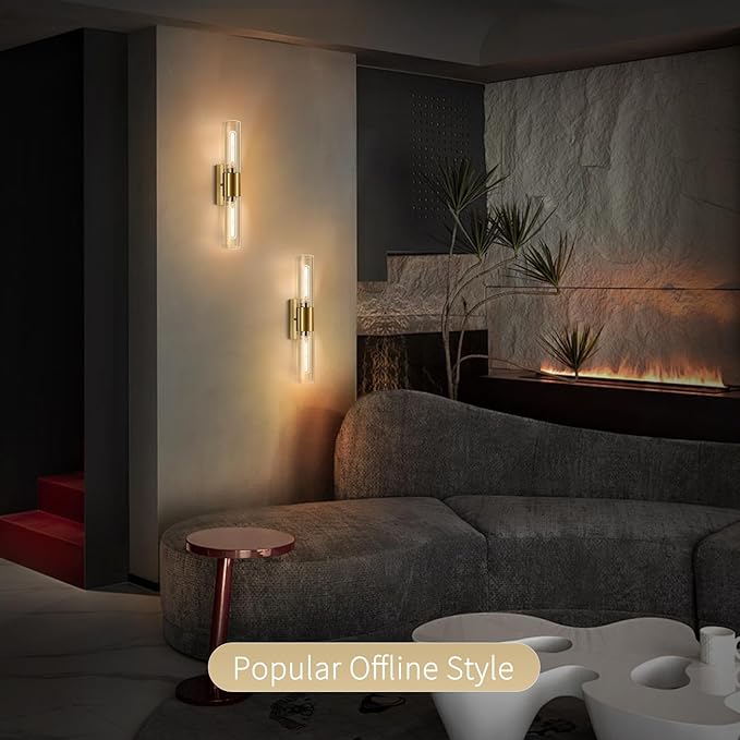 21" Gold Wall Sconces Set of Two, 2-Light Bathroom Sconces Vanity Light Tube Sconce, Clear Glass Indoor Hardwired Mounted Wall Lighting for Living Room,Bedroom,Hallway-Gold Clear (Bulb Not Included) - Aura Lighting