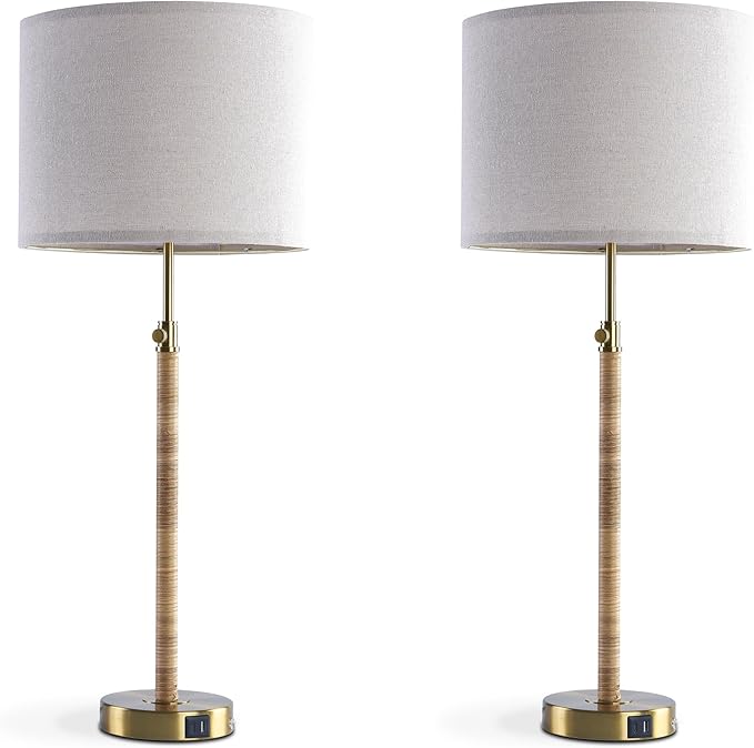 Maxax Rattan Buffet Table Lamp Set of 2 for Living Room, 26" to 33" Height Adjustable Tall Skinny Farmhouse Gold Bedside Nightstand Lamp with USB A+C Ports for Bedroom End Table