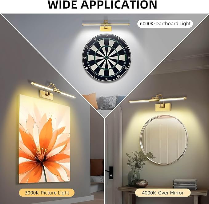24“ Picture Lights for Wall Battery Operated, Wireless Picture Lights with Remote, Rechargeable Wall Light 3000K/4000K/6000K Dimmable, Art Lighting for Paintings Frame Gallery Dartboard Light, Brass