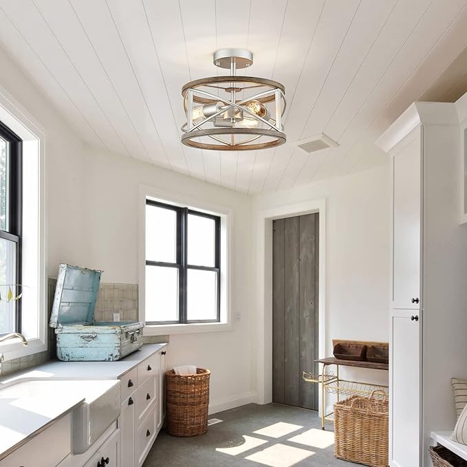 WUZUPS Chandelier 3-Light Vintage Farmhouse Industrial Imitation Wood Grain Semi-Flush Mount Ceiling Light Lighting Fixture for Foyer Hallway Storage Room Kitchen Bathroom, H 9.4" W 12", Nickel