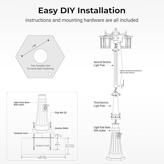 Outdoor Lamp Post Light Fixture, Black Dusk to Dawn Lamp Posts with Outlet, 3-Head Street Lamps Outdoor Lighting, Waterproof Outside Post Lights Hardwired, Anti-Rust Outside Pole Light for Yard