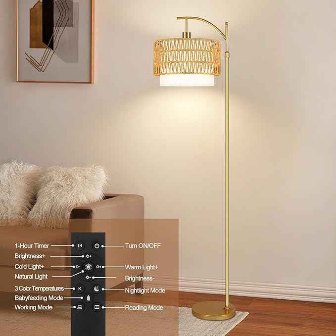 Gold Floor Lamps for Living Room Rattan Boho Floor Lamp with Remote Control & 3 Color Temperature, Dimmable Arc Floor Lamps Wicker Lamp Shades Brass Standing Lamp Tall Floor Lamp For Bedroom Corner