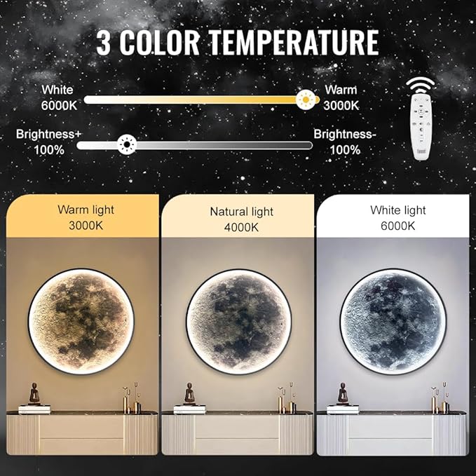 Large Moon Wall Sconce Plug in Modern LED Dimmable Moon Lamp with Remote Control Wall Lights Indoor Wall Mounted Lighting Ceiling Light for Living Room Bedroom (9.5 in)