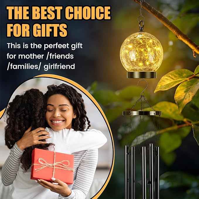 BreezeHug Solar Wind Chimes Outdoor Lights 42 Inch Large Sympathy Gift Chime 15 LED Twinkle Warm White Crackled Glass Ball Hanging Lantern Gifts for Birthday Garden Yard Patio Landscape Decor