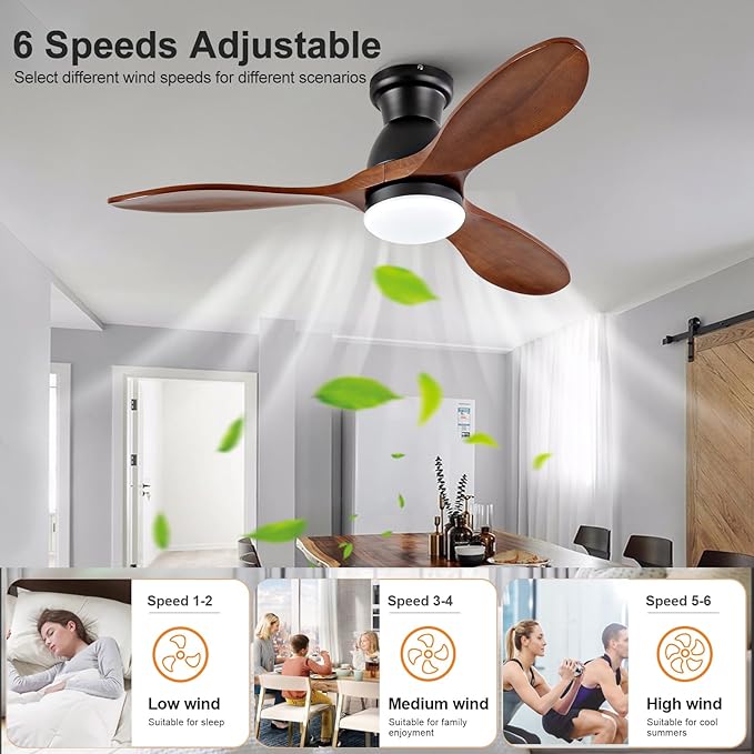 42 Inch Flush Mount Ceiling Fans with Lights and Remote, Dimmable 3 Blades Wood Bedroom Ceiling Fan with Lights Low Profile Ceiling Fan with Light Black Outdoor Ceiling Fans for Patios Living Room
