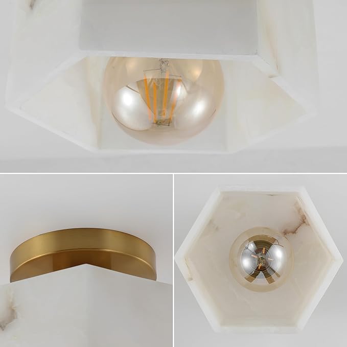 JONATHAN Y 8" Brass Gold Modern 1-Light Hexagonal LED Semi Flush Mount Ceiling Light, White Alabaster Marble Shade, Glam Lamp for Hallway, Bedroom, Bathroom, LED Bulb Included JYL1204A