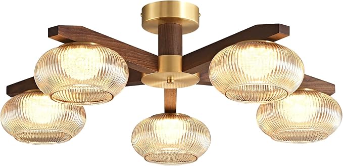 Modern Walnut Wood LED Ceiling Light Fixture,Glass Shade 5 Light Semi Flush Mount Wooden Ceiling Light,Farmhouse Walnut Solid Wood Brass Chandelier for Living Room,Bedroom,dinging Room