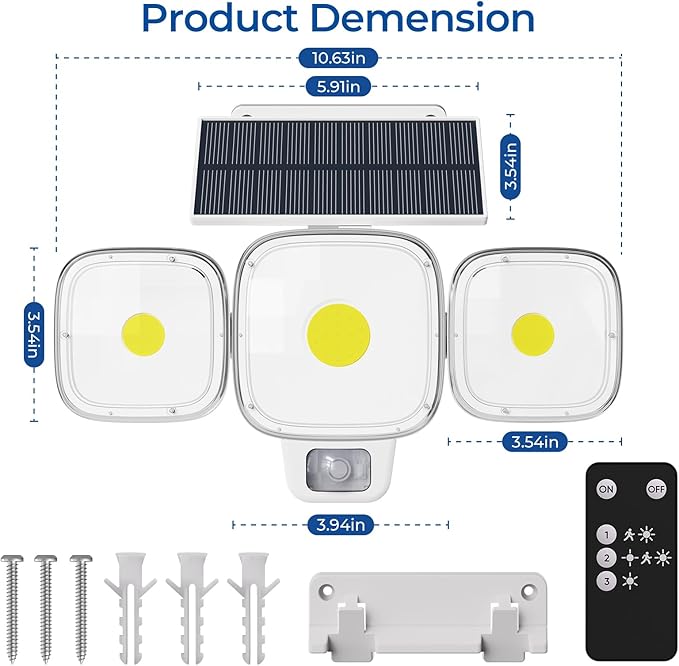 CINOTON Solar Motion Sensor Outdoor Lights, 3 Modes LED Security Flood Light with Remote Control, IP65 Waterproof Solar Powered Outside Wall Lighting for Garden Porch Garage Yard Driveway White 2 Pack