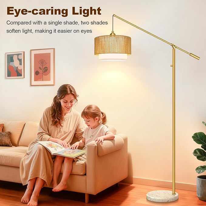 【Upgraded】Arc Floor Lamp for Living Room, Boho Dimmable Swing Arm Floor Lamp with Rattan & Fabric Shades, Gold Rattan Standing Lamp with Marble Base, Farmhouse Adjustable Tall Lamp for Bedroom Office