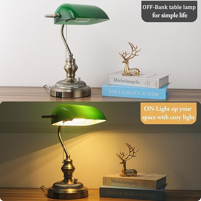 Rustic Banker's Desk Lamp Stepless Dimmable, Traditional Bankers Desk Lamp with USB Port and Outlet, Vintage Farmhouse Table Lamp for Home Office Library