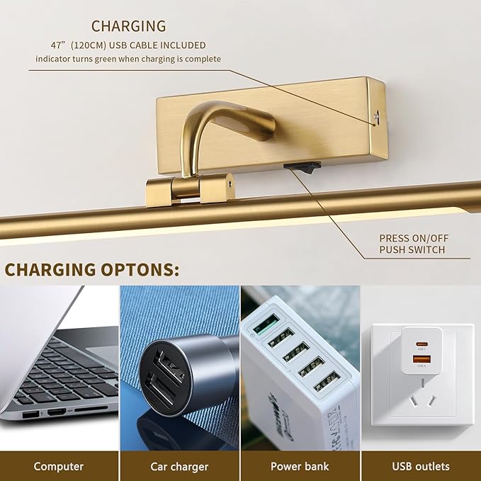 Wireless Picture Light for Wall Battery Operated Rechargeable Art Lights Dimmable Painting Lights Brass Gallery Light with Remote Wall Lights for Display, Artwork, Portrait (15.94Inch)