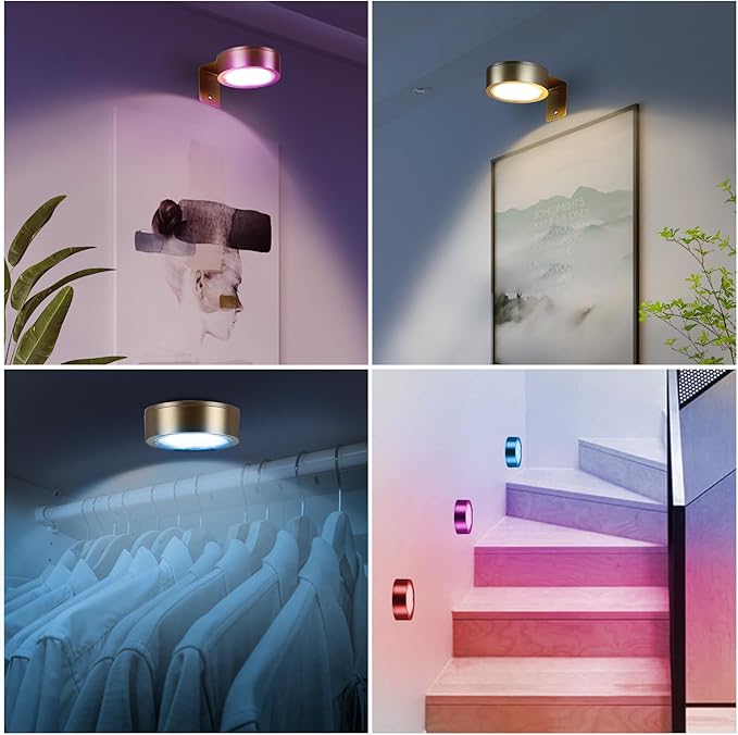 2 Pack Wireless Picture Lights for Wall,Rechargeable Picture Light Battery Operated with Remote,Dimmable Painting Light for Art Display,RGB Battery Wall Lights for Dartboard Photo Frame Gallery.Gold
