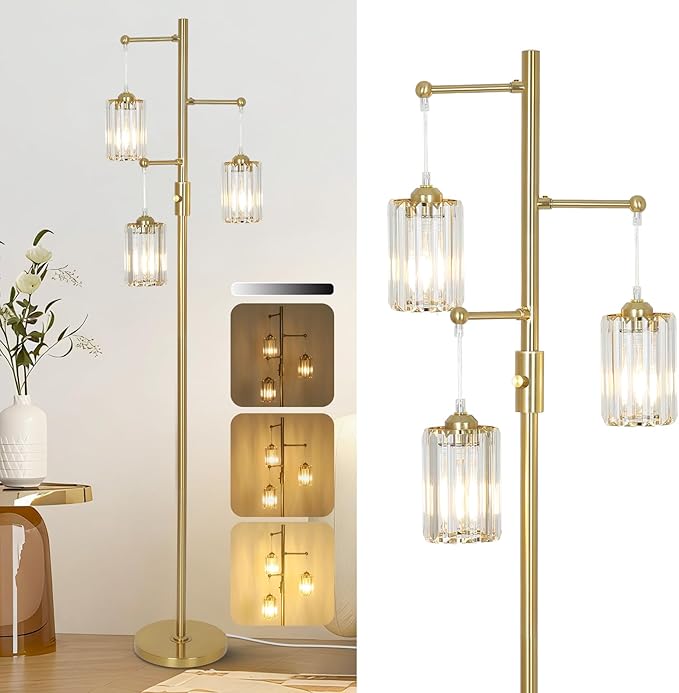 Gold Crystal Floor Lamps for Living Room, Dimmable 3 Lights Modern Standing Lamp with Crystal Shade, Dimmer Switch, 65" Industrial Tall Tree Lamp, Vintage Brass Corner Lamp for Bedroom