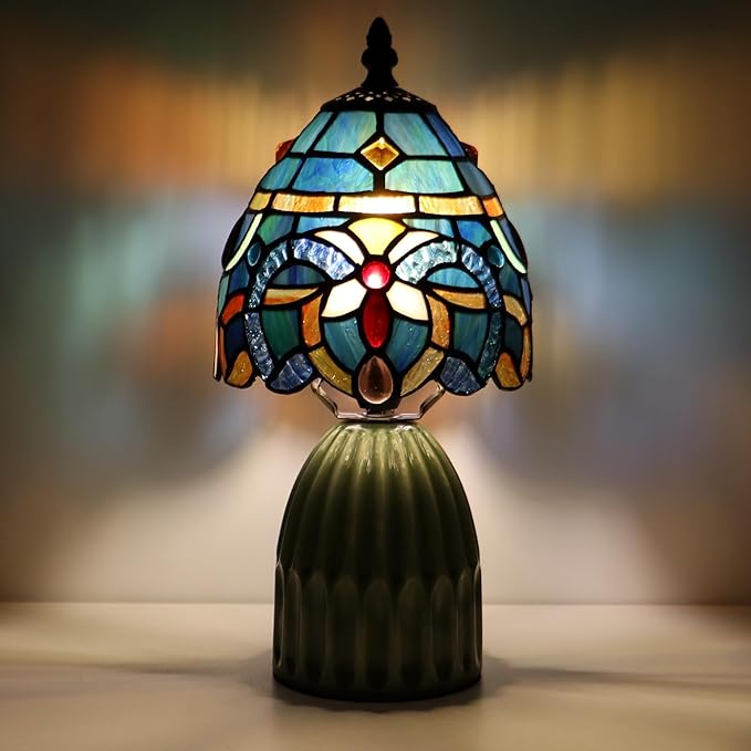 Tiffany Lamp Stained Glass Mushroom Table Lamps 6X6X12.5 Inch Sea Blue Baroque Style Small Night Light Ceramic Base Mini Accent Desk Light Suitable for Bedside Table Bedroom Children Room