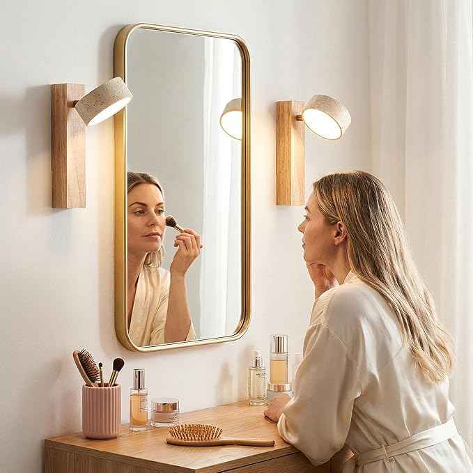 Natural Travertine Bathroom Vanity Light, 300° Swivel Japandi Ash Wood LED Wall Sconce, Warm Travertine Stone Farmhouse Mirror Lighting Fixtures, Modern Rustic Wall Lamp for Powder Room Bedroom(110V)