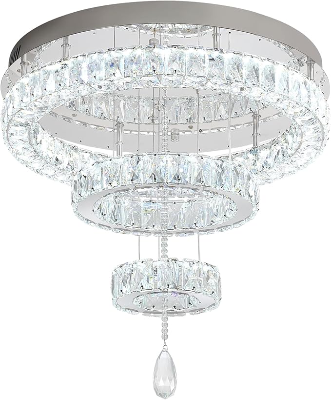 Flashing God Dia 20" Modern Crystal Chandelier for Dining Room Silver Ceiling Chandelier Flush Mount Ceiling Light for Living Room Bedroom Hallway LED Light Fixture Dimmable with Remote