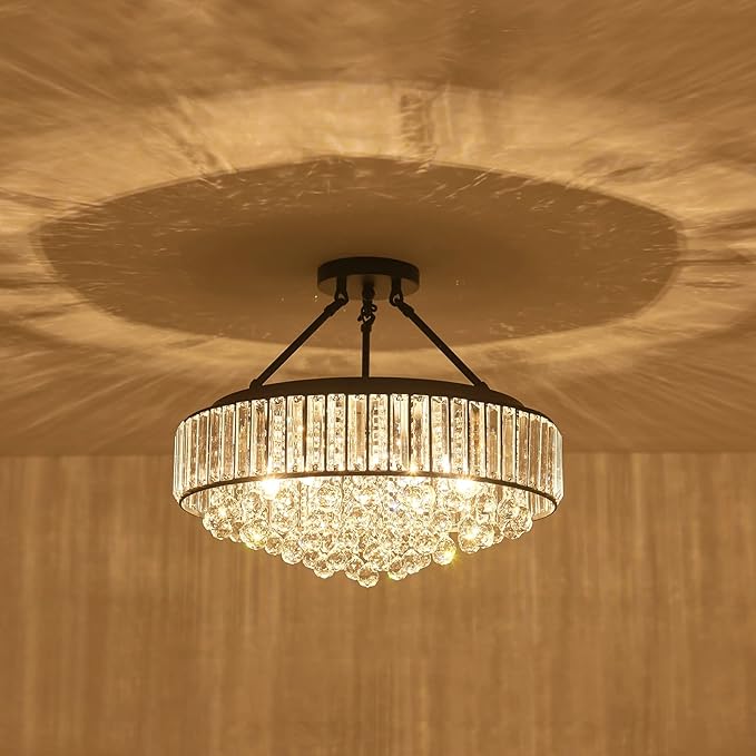YYJLX 6-Light Modern Large Crystal Chandelier Black Metal E26 Semi Flush Mount Round Light Fixture Ceiling Lamp Farmhouse for Dining Living Room Laundry Foyer Kitchen Balcony Bedroom