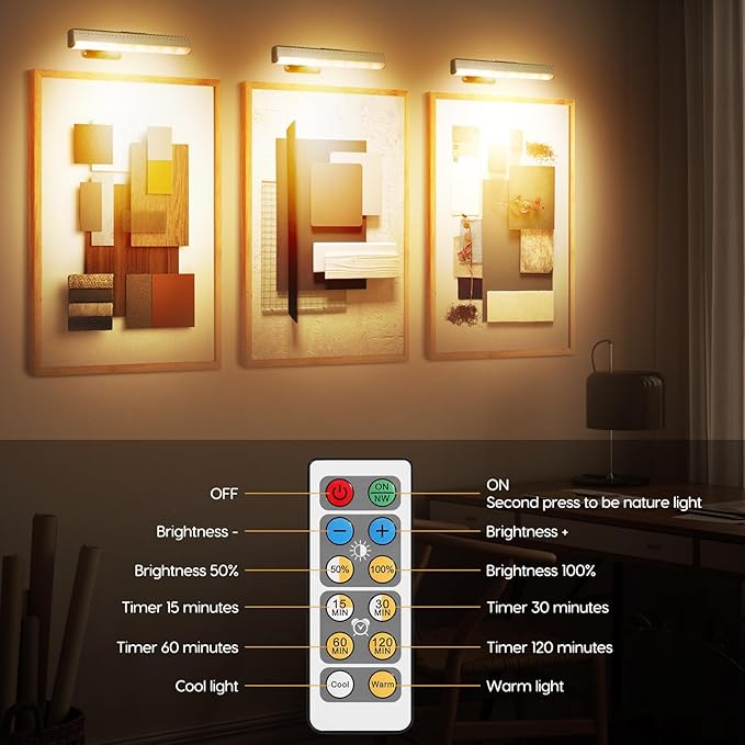2Pcs Picture Light for Wall Dimmable,Remote Painting Light with Timer,Art Display Lighting with 3 Color, Battery Operated Led Accent Lights for Poster Frame Gallery Portrait Artwork-Gold