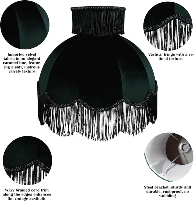 Caramel-colored velvet fringe lampshade 7.8" Top x 17.7" Bottom x 13.4" High x 15 Slant"- Large Dome with Scalloped Edge & Fringe Tassels, for Table/Floor Lamps (1, Dark green, Large)