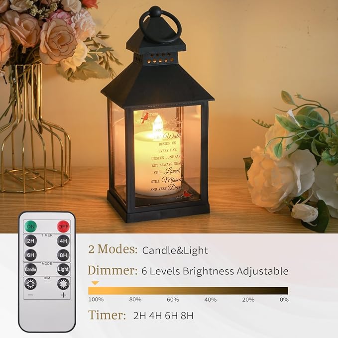 Sympathy Gifts for Loss of Loved One, Memorial Gift Lantern with Card, Bereavement Gift Candle Lights, Memory Lamp with Remote for Funeral Remembrance or Condolences (Black)
