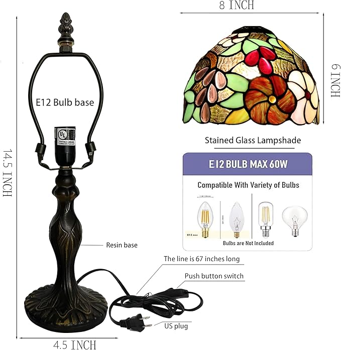 Tiffany Style Lamp Stained Glass Table Lamp 8 x 14.5 Mini Accent Light Grape Design Small Decorative Bedside Reading Memory Lamp