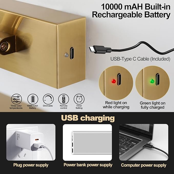 Wireless Picture Lights for Wall,23.5 Inch Brass Art Light for Paintings,Battery Operated Picture Lights with Remote Control,Dimmable Rechargeable Art Lamps for Picture Frame,Gallery
