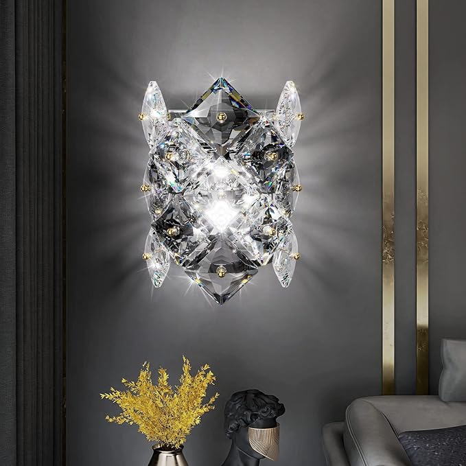 Modern Crystal Wall Sconces,Chrome Wall Light Fixtures,Luxury Indoor Wall Lamp,K9 Crystal Vanity Wall Mount Lamps,Industrial Sconce Lighting for Bathroom Living Room,Bedsides,Hallway,Bedroom - Aura Lighting