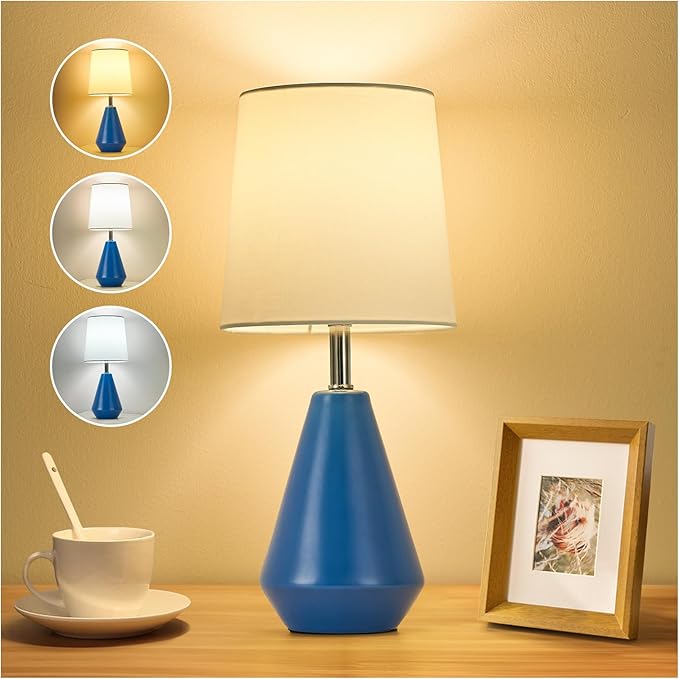 Small Bedside Table Lamp for Bedroom - Reading Desk Lamp with 3 Color Temperatures,15.5" Nightstand Ceramic Lamp with Fabric Shade for Kids Room,Living Room,Dorm,Home Office (Blue+White)