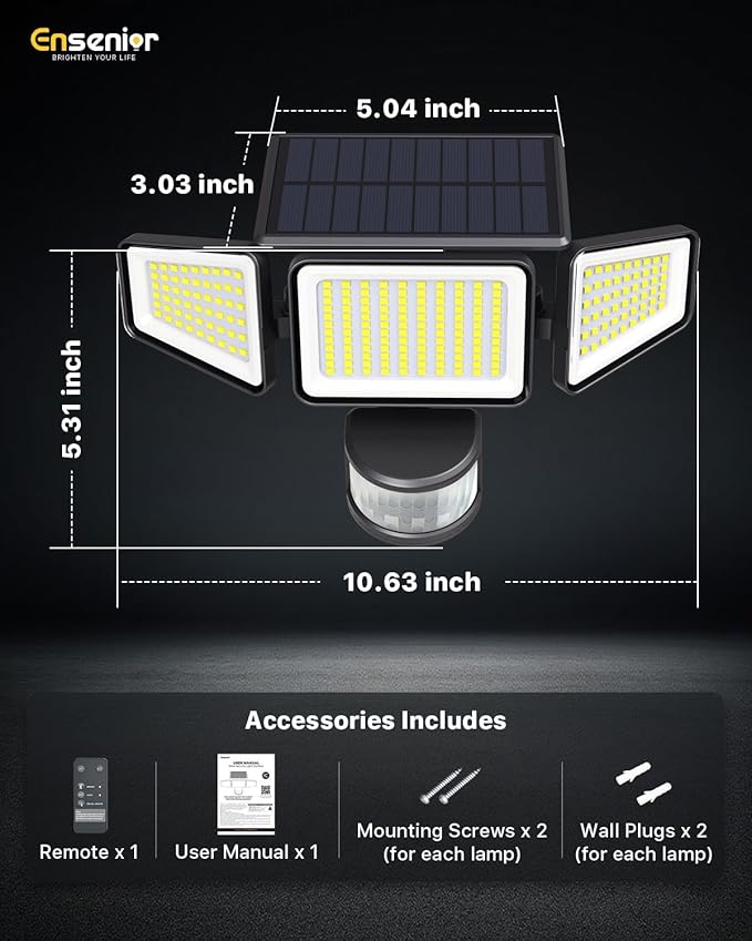 Ensenior Solar Motion Lights Outdoor, 228 LED Solar Security Lights with Remote Control, IP65 Waterproof 3 Heads Flood Light with 4 Modes, 270° Wide Angle Motion Sensor Light Outside - 4 Packs