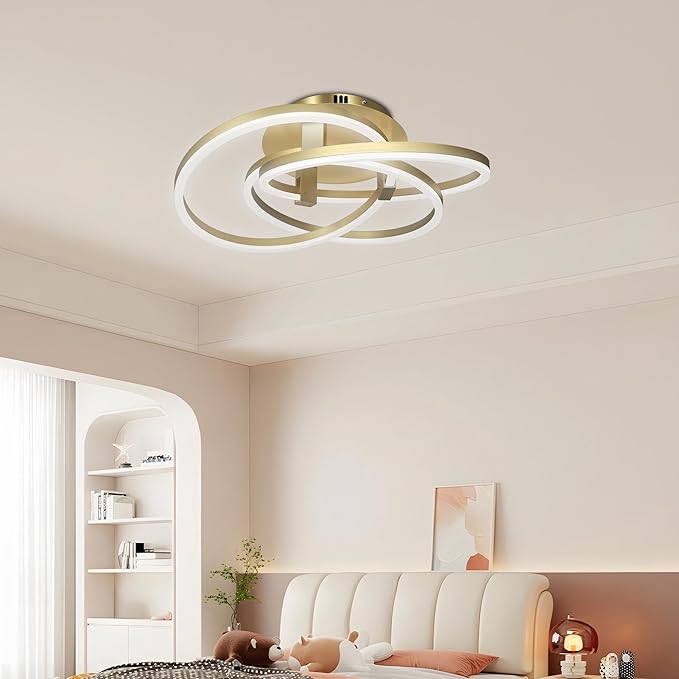 Maxax 23.5" Gold Led Ceiling Light Fixture, Modern 3 Rings Flush Mount Chandelier, Close to Ceiling Lamp for Bedroom Living Room Dining Room Kitchen, ETL Listed