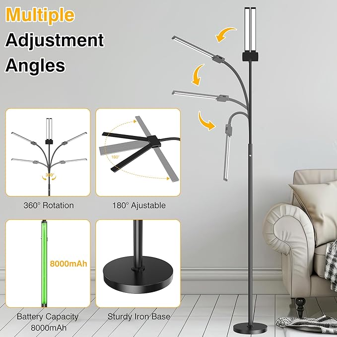 Cordless Rechargeable Floor Lamp, Adjustable Bright Reading Lamps Floor Standing, 15W Dual Head Gooseneck LED Bright Floor Lamp for Dark Rooms with 8000mAh Battery, IP54 Home Lighting