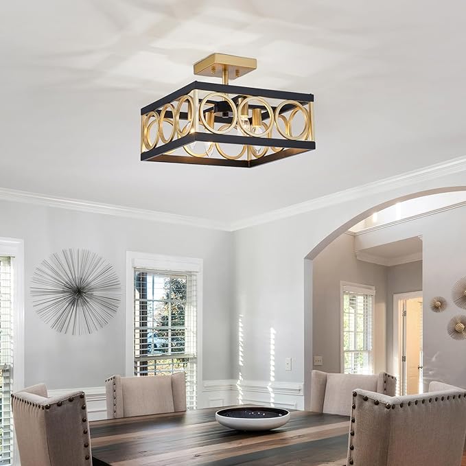 XINGQ Black and Gold Ceiling Light Fixture Modern 4-Light 13'' Semi Flush Mount Ceiling Lights for Living Dining Room Bedroom with Square Metal Shade, E12 Bulb Base - Aura Lighting