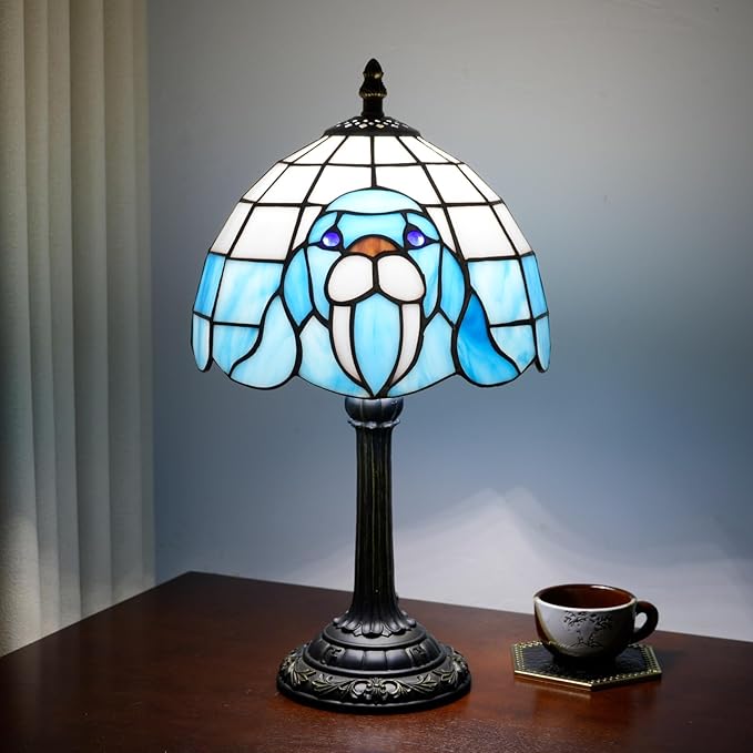 Tiffany Table Lamp Walrus Blue Stained Glass Bedside Lamp Antique Unique Cute Accent Nightstand Light for Home Living Room Office Dormitory Bar Decorate