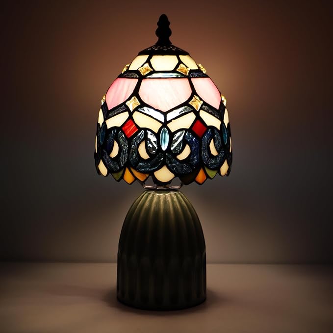 Tiffany Lamp Stained Glass Mushroom Table Lamps 6X6X12.5 Inch Pink Jewelry Baroque Style Small Night Light Ceramic Base Mini Accent Desk Light Suitable for Bedside Table Bedroom Children Room