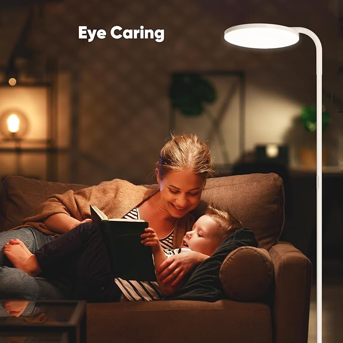 36W LED Floor Lamp, Super Bright Standing Lamp, Modern Stepless Dimmable Torchiere Tall Lamp with Remote Control, 350°Rotating Head Reading Floor Lamp for Living Room, Bedroom, Office - White - Aura Lighting