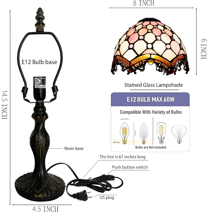 Tiffany Style Lamp Stained Glass Table Lamp 8 x 14.5” Mini Accent Light Pink Beads Design Small Decorative Bedside Reading Memory Lamp