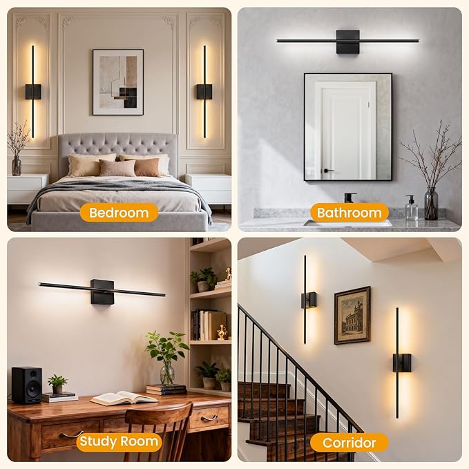 ZZXX Wall Sconce Set of 2, Wall Lights with Remote Control, Bathroom Wall Lamp for Living Room Bedroom Mirror Cabinet Porch Decor 100-240V 350°Horizontal Rotation 28 inch