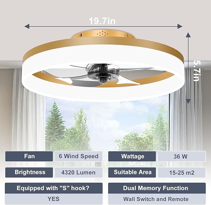 VOLISUN Low Profile Ceiling Fans with Lights and Remote, 19.7in Fandelier Ceiling Fan Flush Mount, 3000K-6500K Smart Bladeless LED Fan Light, Gold Modern Ceiling Fans with Lights for Bedroom - Aura Lighting