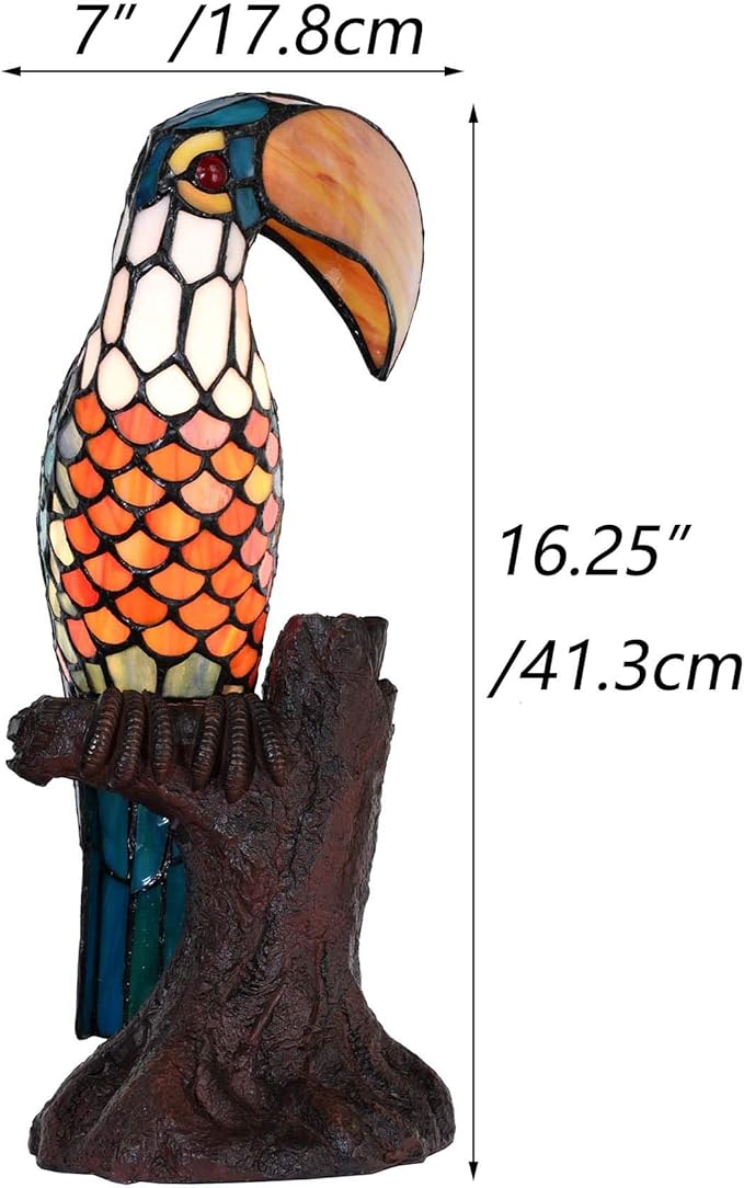Bieye L10813 Toucan on Tree Trunk Tiffany Style Stained Glass Accent Table Lamp Night Light. 16.25 inches Tall