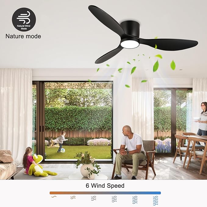 reiga 52 Inch Wood Black Modern Flush Mount Indoor Ceiling Fan with Light and Remote, 3 Propeller Blade, Quiet DC Motor for Bedroom Living Room - Aura Lighting