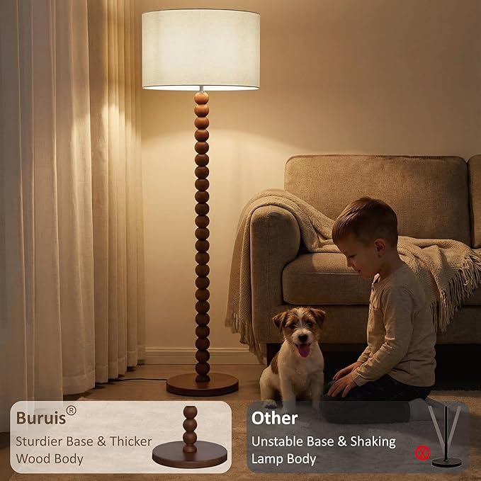Buruis 61" Beaded Wood Floor Lamp with 17.2" Large Linen Shade, UL Listed, Retro Mid-Century Accent Walnut Finish Standing Lamp for Living Room, Bedroom, Office, Corner, Bulb Not Included, Cream