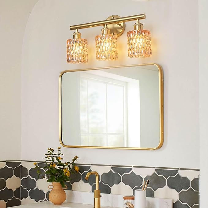 Bathroom Vanity Light, Gold Wall Fixture Over Mirror, Amber Glass Shade Lighting with Bulbs Included for Bedroom & Living Room,3-Lights