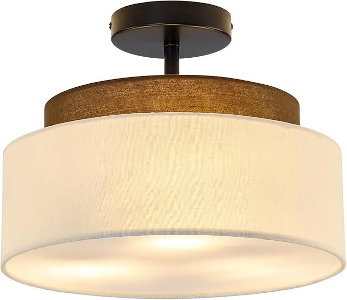 13" Double Drum 3-Light Semi Flush Mount Ceiling Light Fixture Farmhouse Fabric Chandelier with Linen Shade Rustic Black Ceiling Lamp for Bedroom Kitchen Dining Room Hallway Entryway - Aura Lighting