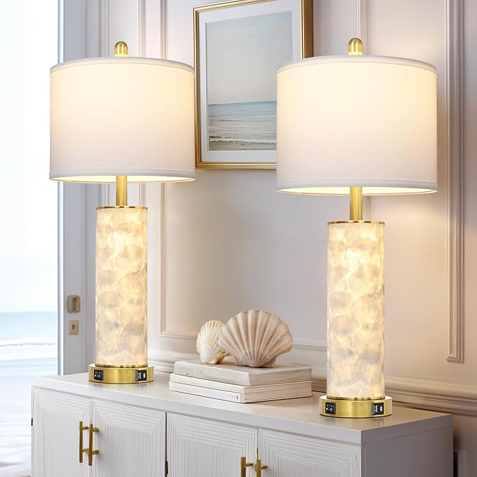 29" Coastal Seashell Table Lamp for Living Room Set of 2, Bedroom, Bedside Nightstand Lamp with Night Light, Seashell Lamp with USB A+C Ports Cottage Beach House Accent Lamp, LED Bulb Included(Gold)